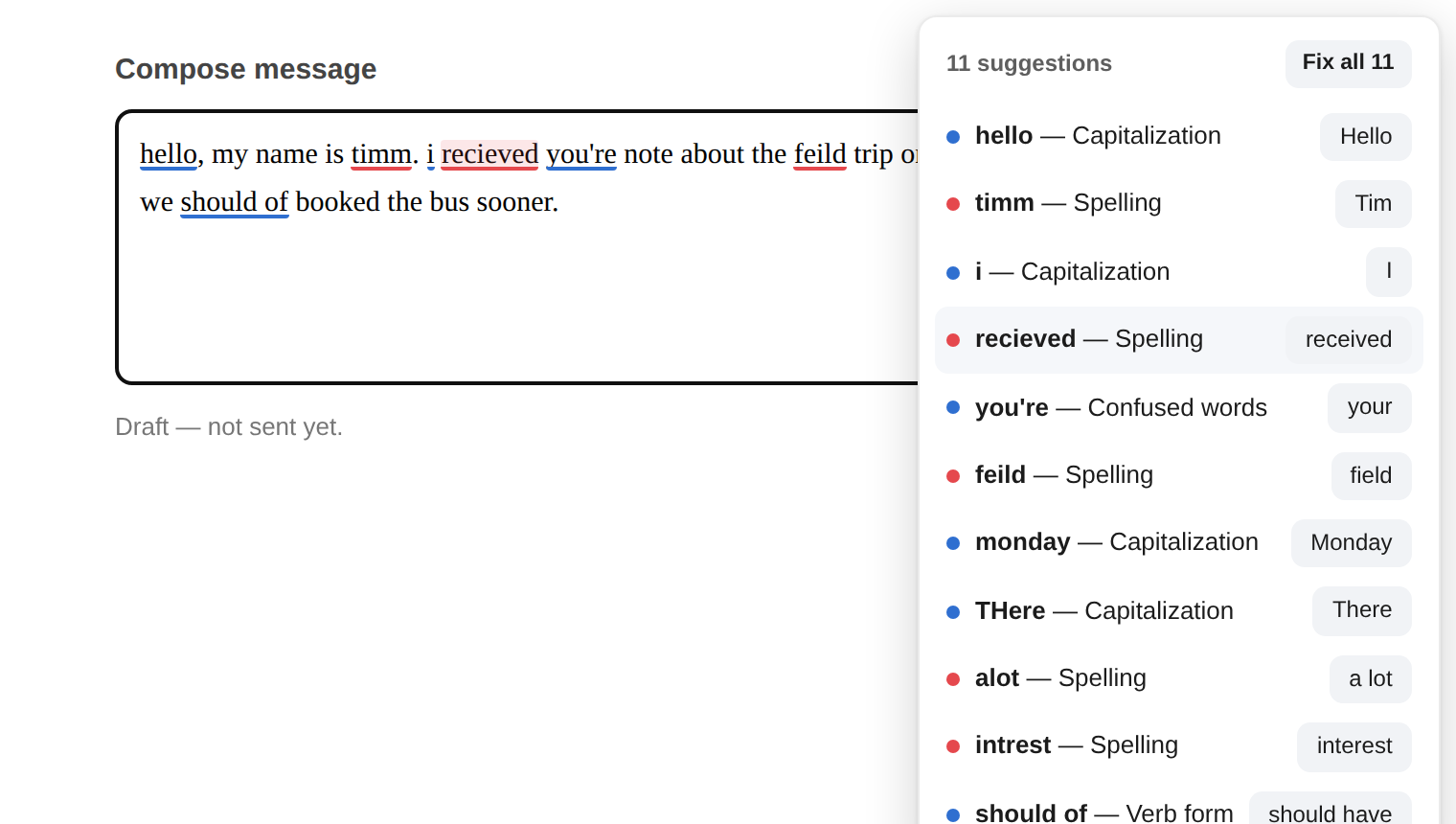 A text box with a panel listing eight suggestions, each with a one-click fix button, and a “Fix all 8” button at the top.