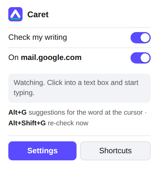 The Caret toolbar panel with two switches — check my writing, and on this site — a status line, the keyboard shortcuts, and buttons for Settings and Shortcuts.